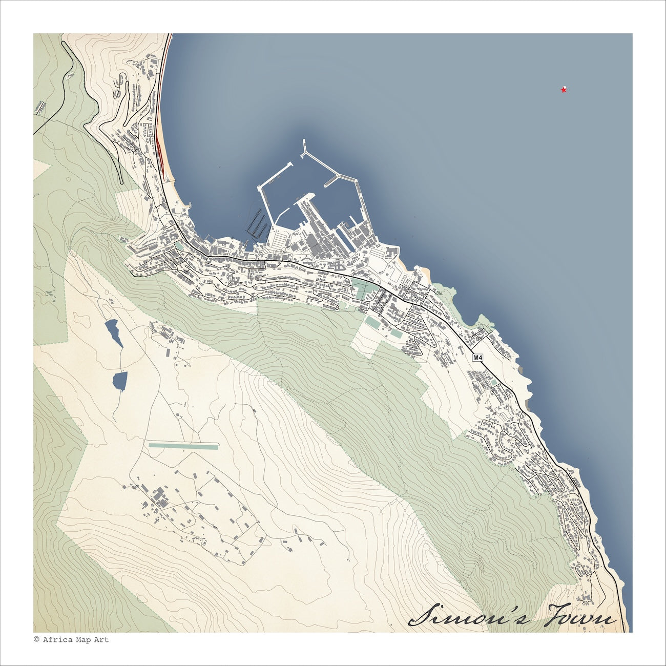Simon's Town 2 map print in the Classic style, showing the town centre, naval dockyard and harbour, with fine black street lines, blue sea and contoured mountain slopes on a cream background.