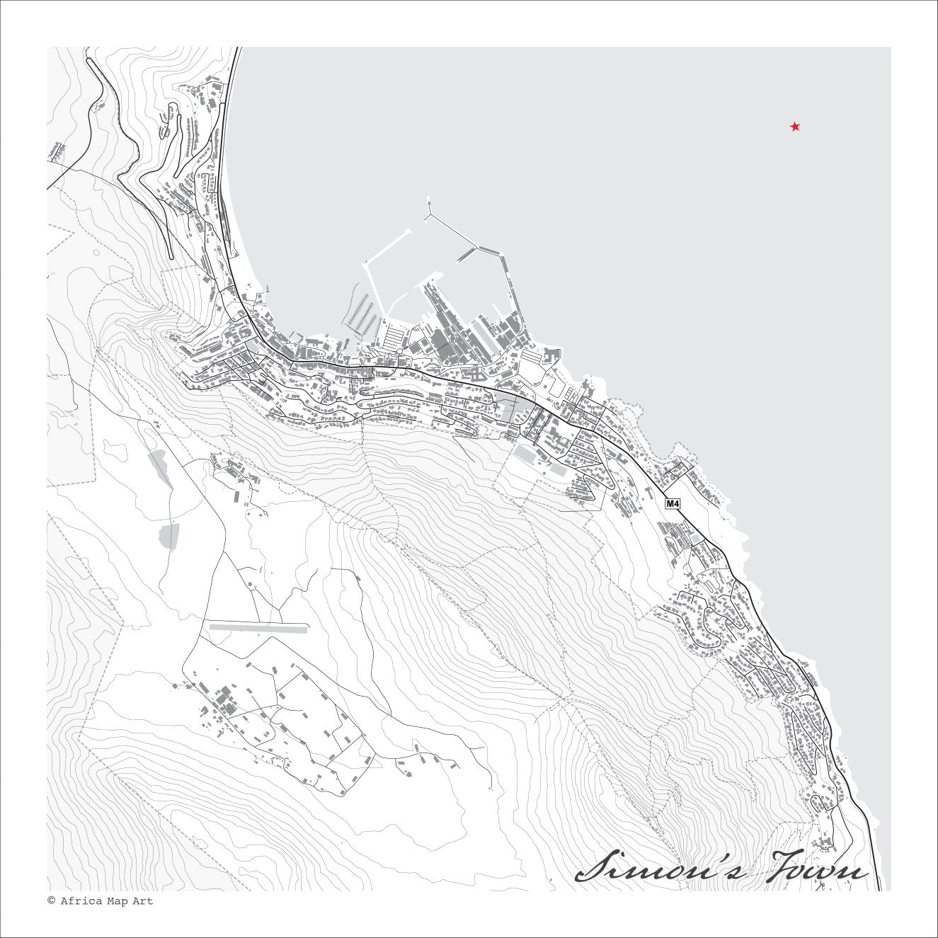 Simon's Town 2 map print in the minimalist Mono style, showing the town centre, naval dockyard and harbour, with fine black street lines and contoured mountain slopes on a white background with grey sea.