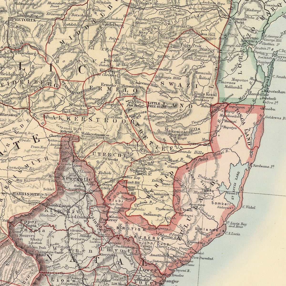 Close-up detail of the 1891 Juta map of South Africa reproduction print, showing the hand-coloured borders, rivers and fine lettering