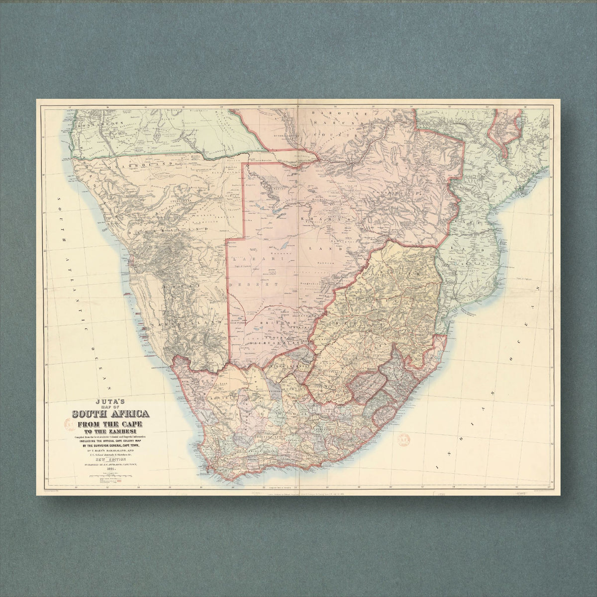 1891 Juta map of South Africa from the Cape to the Zambezi, reproduction print with colonies and republics in pastel pink, yellow, green and grey, edged in red