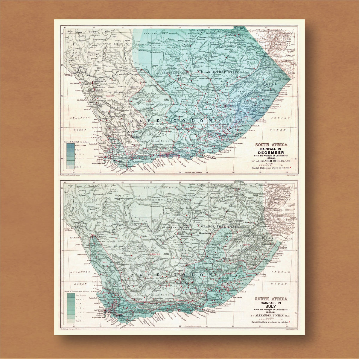 1885–94 rainfall maps of South Africa by Alexander Buchan, reproduction print with the December and July maps one above the other, shaded in blue-green