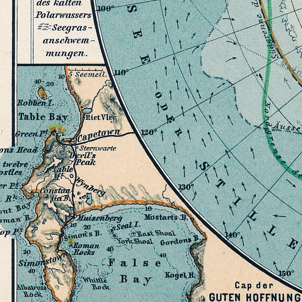 Detail of Perthes' 1906 South Polar map showing its inset of the Cape Peninsula, with Table Bay and False Bay