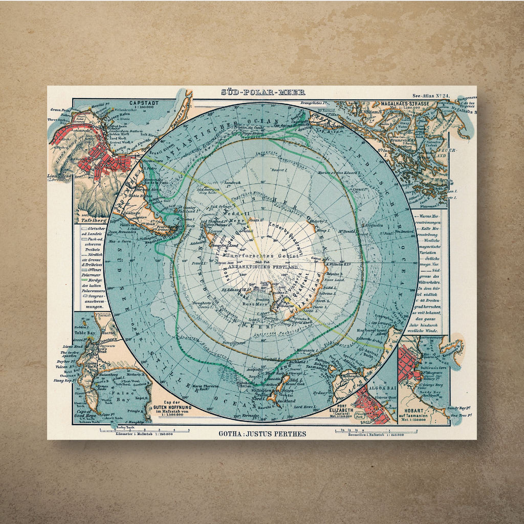 Justus Perthes' 1906 map of the South Polar Sea, with Antarctica at the centre of a blue ocean, coloured expedition routes and inset maps