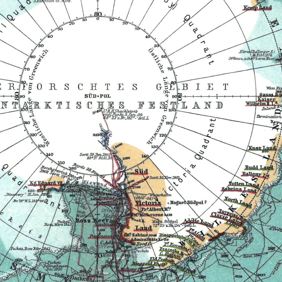 Detail of Perthes' 1912 South Polar map showing the unexplored interior of Antarctica and a red expedition route towards the South Pole