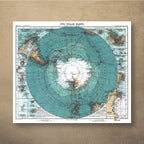 Justus Perthes' 1912 South Polar map, with a white Antarctica at the centre of a deep teal ocean, southern coasts in ochre and inset maps