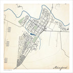 Stanford map print in the Classic style, with the blue Klein River looping around the town, green open spaces and a wedge-shaped street grid on a cream background