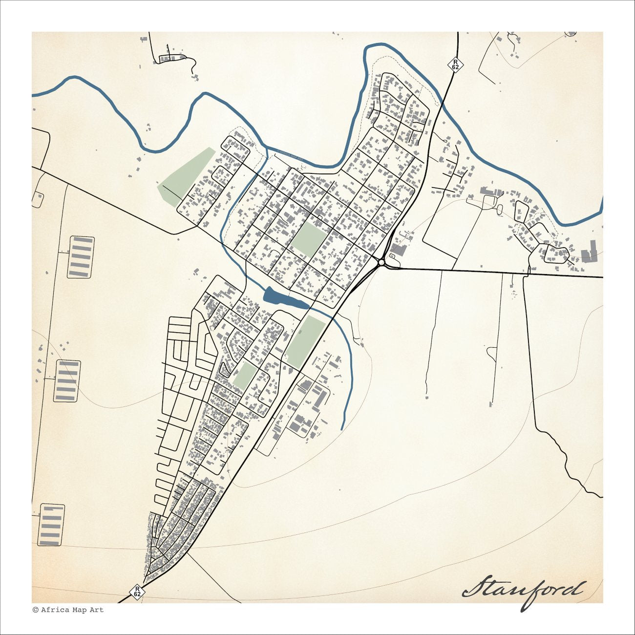 Stanford map print in the Classic style, with the blue Klein River looping around the town, green open spaces and a wedge-shaped street grid on a cream background