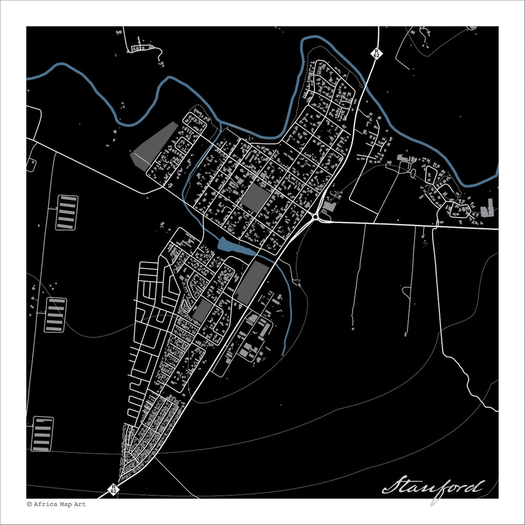 Stanford map print in the Granite style, with fine white street lines, the blue Klein River curving around the town and grey buildings on a black background