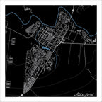 Stanford map print in the Granite style, with fine white street lines, the blue Klein River curving around the town and grey buildings on a black background