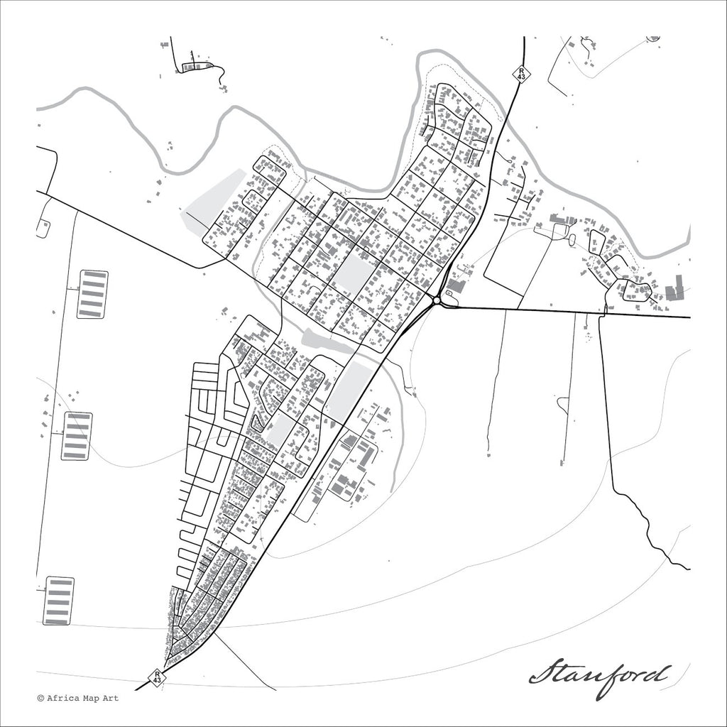 Stanford map print in the minimalist Mono style, with black street lines, grey buildings and the grey Klein River curving around the town on a white background