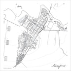 Stanford map print in the minimalist Mono style, with black street lines, grey buildings and the grey Klein River curving around the town on a white background