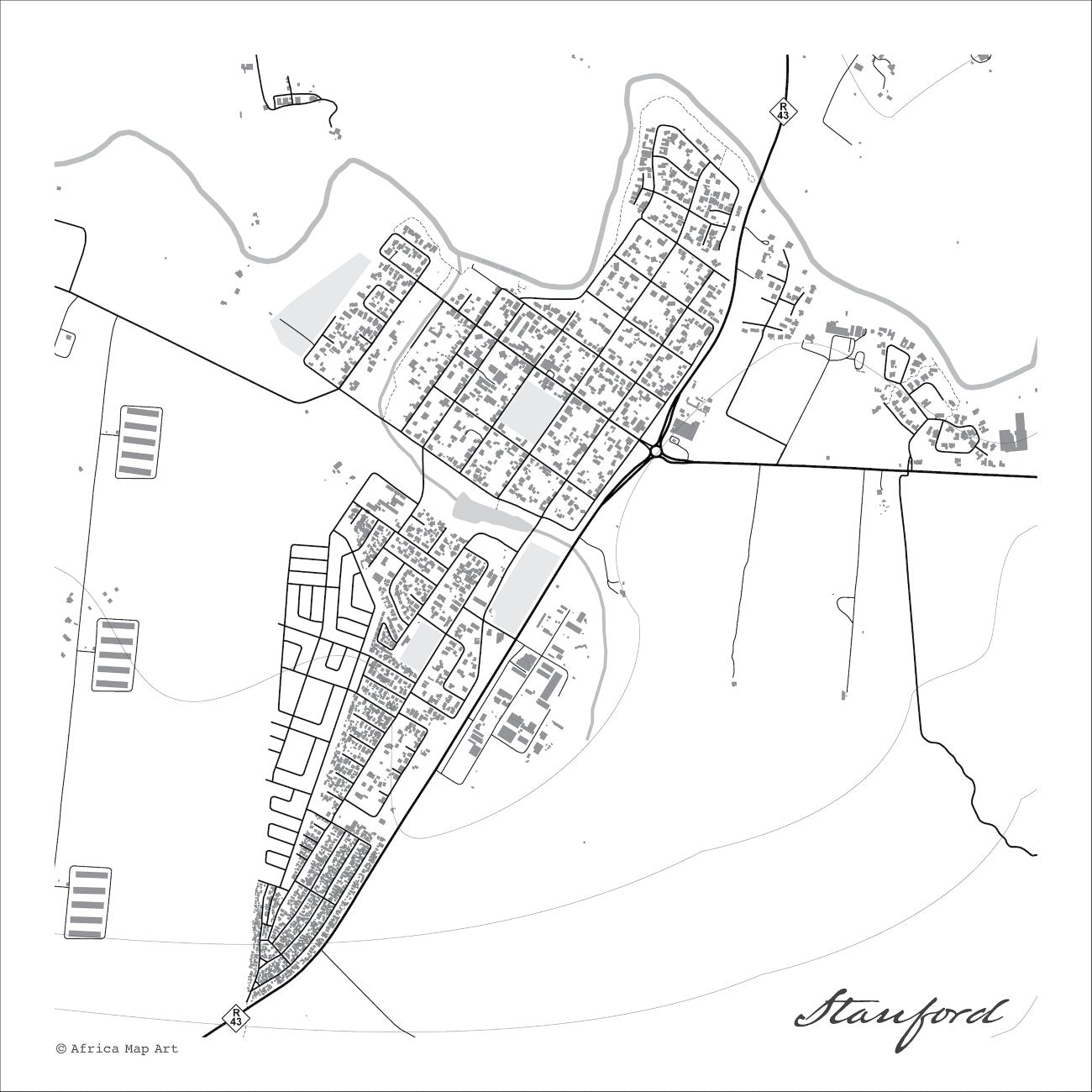 Stanford map print in the minimalist Mono style, with black street lines, grey buildings and the grey Klein River curving around the town on a white background