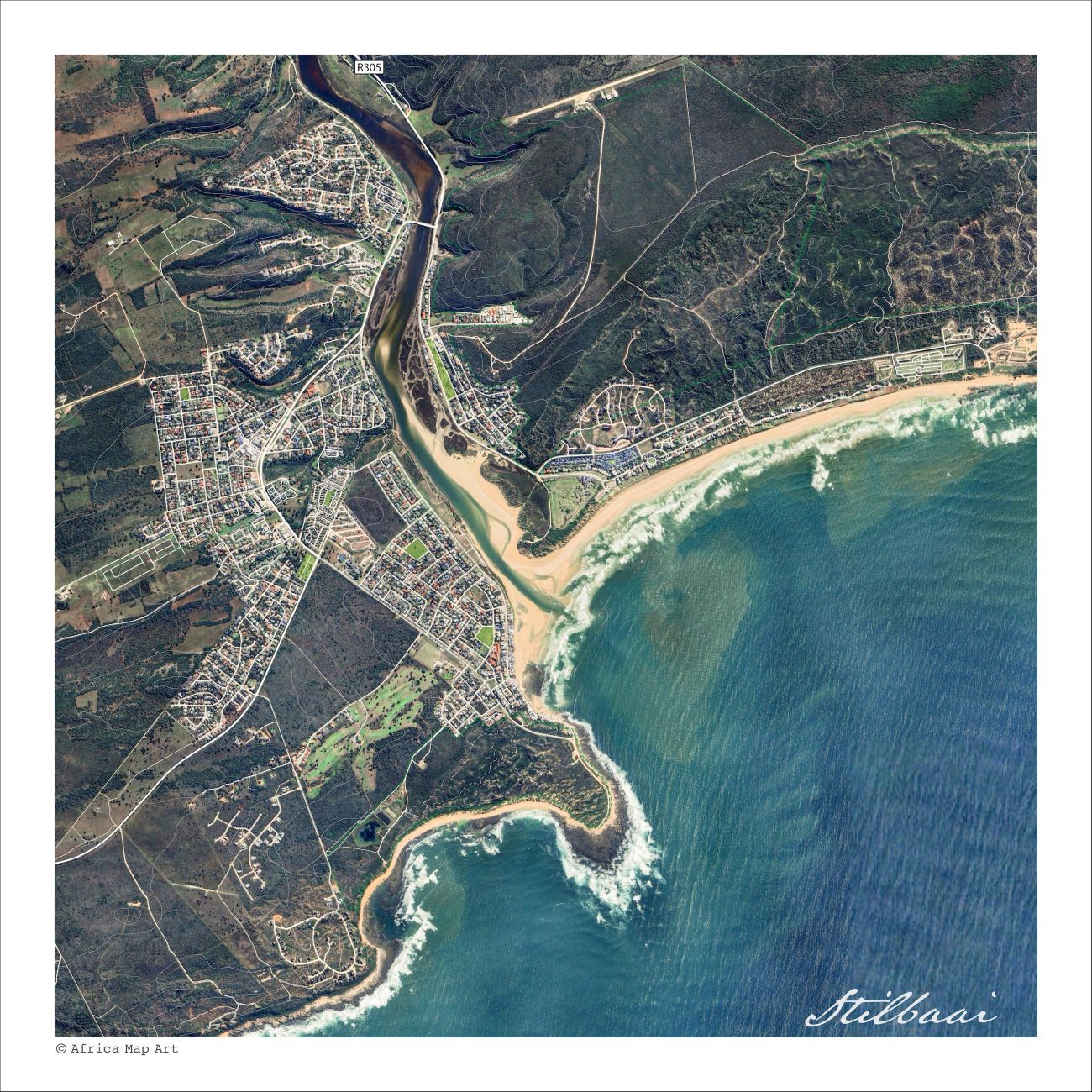 Stilbaai (Still Bay) aerial map print showing the Goukou River mouth from above, with white surf along a sandy beach, turquoise sea and dark coastal bush