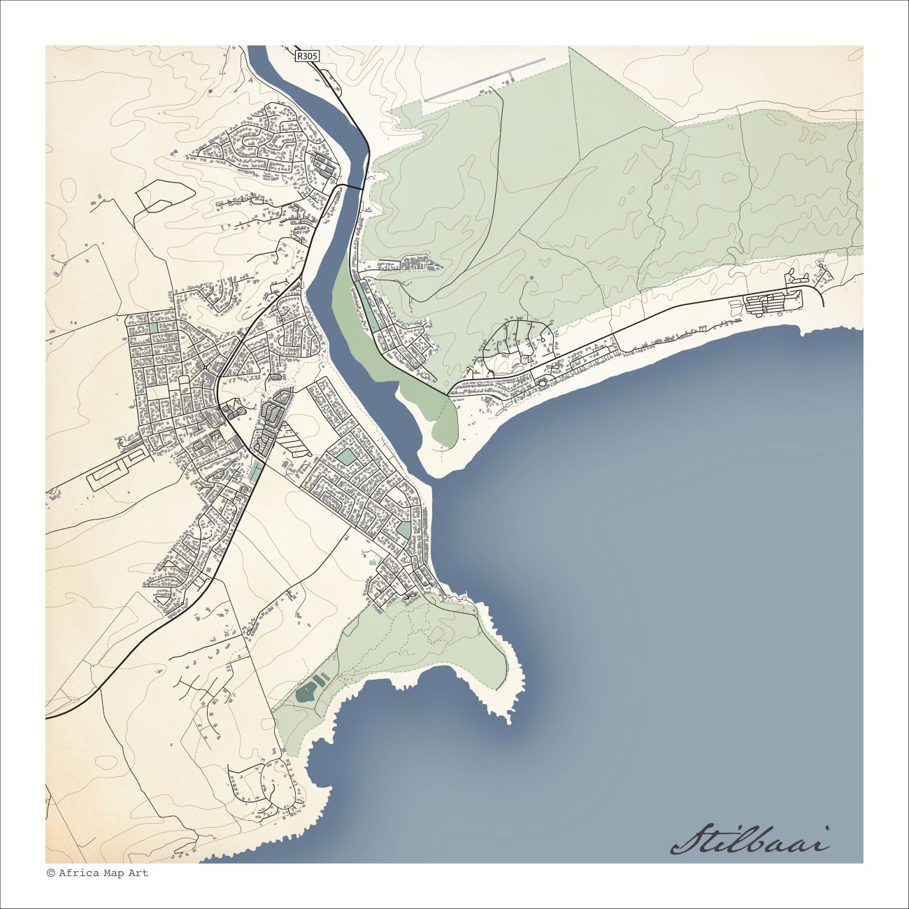 Stilbaai (Still Bay) map print in the Classic style, with fine black street lines and grey buildings, the Goukou River estuary, blue sea and green coastal reserve on a cream background