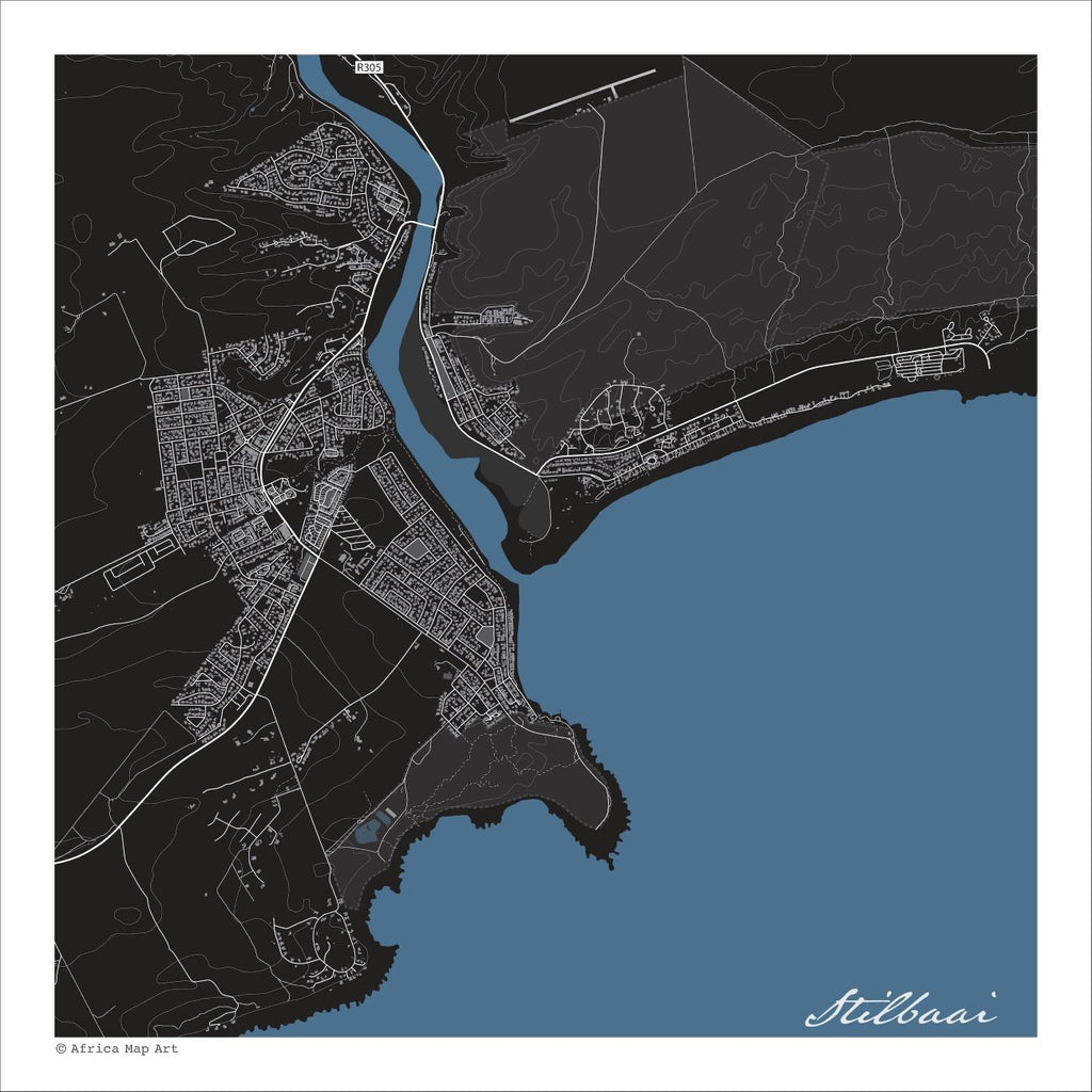 Stilbaai (Still Bay) map print in the Granite style, with fine white street lines, the blue Goukou River estuary, blue sea and a rocky headland on a black background