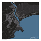 Stilbaai (Still Bay) map print in the Granite style, with fine white street lines, the blue Goukou River estuary, blue sea and a rocky headland on a black background