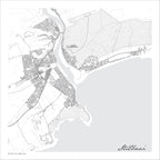 Stilbaai (Still Bay) map print in the minimalist Mono style, with black street lines, grey buildings, the Goukou River estuary and dense contour lines on a white background