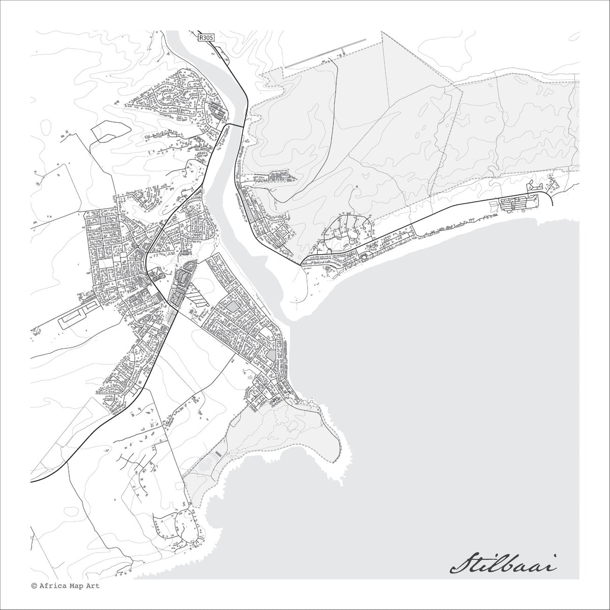 Stilbaai (Still Bay) map print in the minimalist Mono style, with black street lines, grey buildings, the Goukou River estuary and dense contour lines on a white background