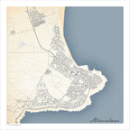 Struisbaai map print in the Classic style, with fine black street lines, grey buildings, blue sea along the coastline and contoured slopes on a cream background.