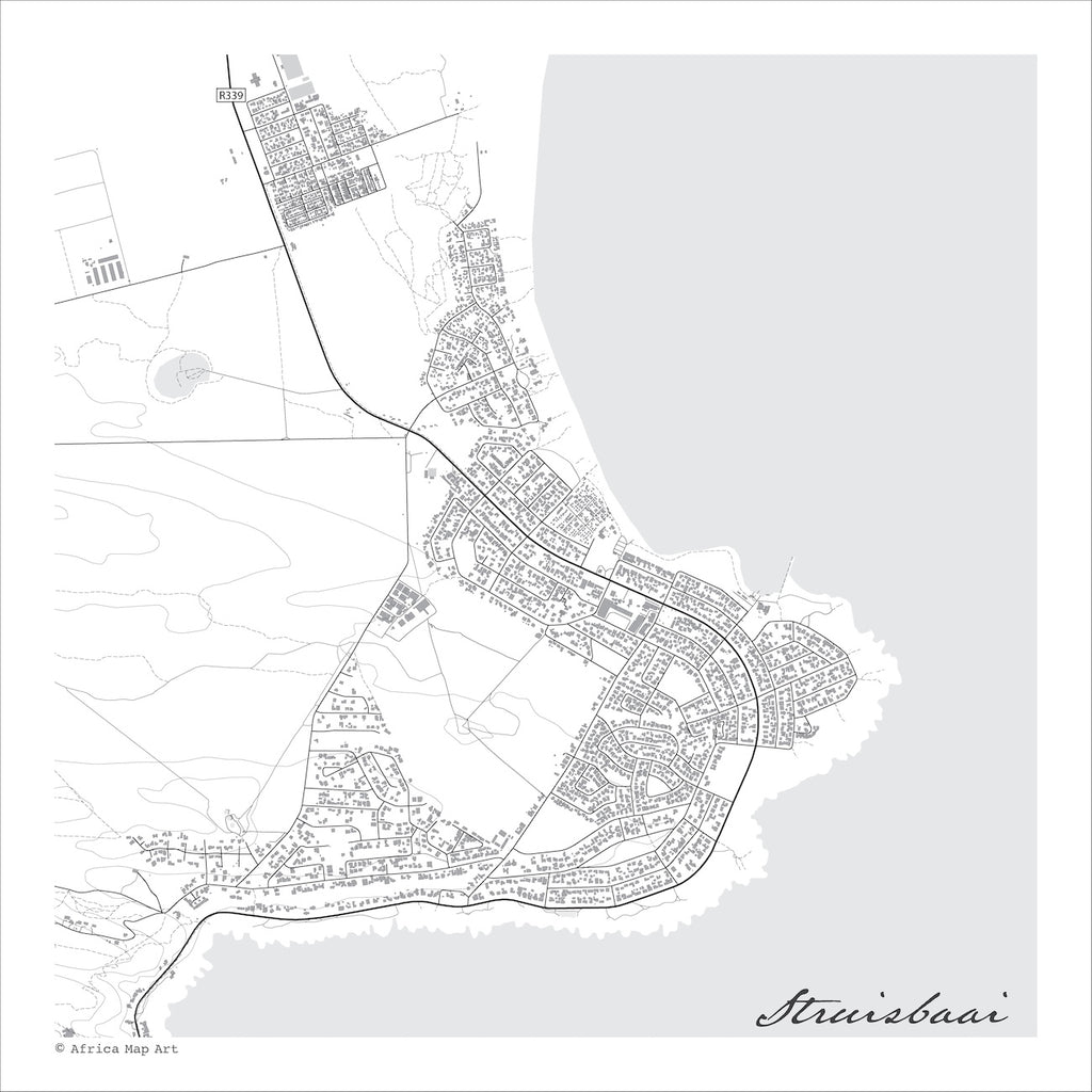 Struisbaai map print in the minimalist Mono style, a black and white design with dark street lines, the sea in pale grey along the coastline, and fine contour lines on a white background.