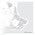 Struisbaai map print in the minimalist Mono style, a black and white design with dark street lines, the sea in pale grey along the coastline, and fine contour lines on a white background.