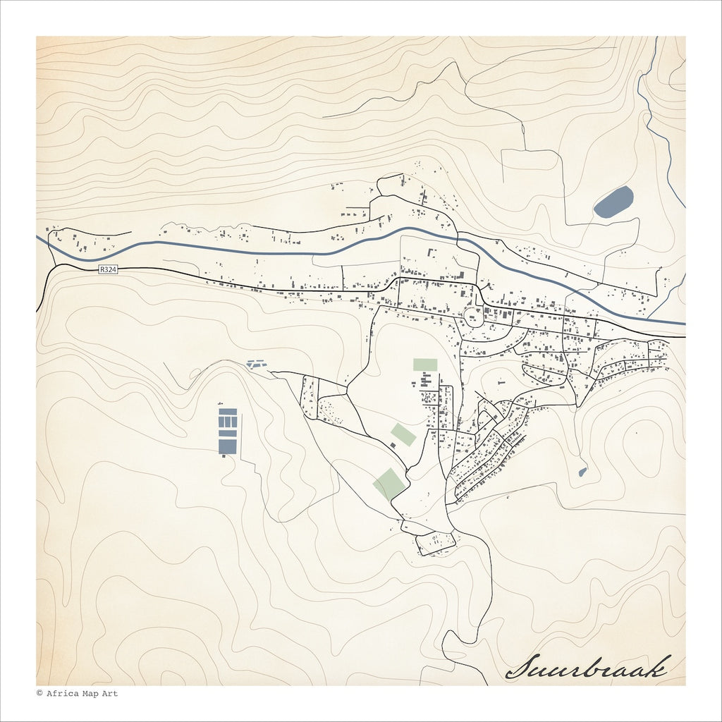 Suurbraak map print in the Classic style, with the blue river running the length of the village, grey buildings and fine contour lines on a cream background