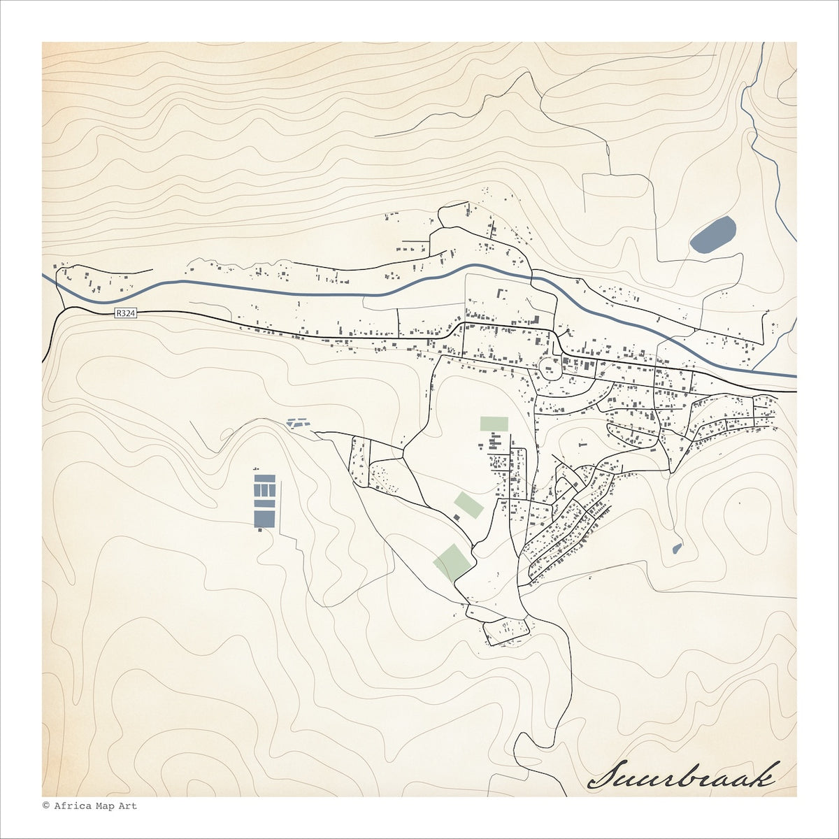Suurbraak map print in the Classic style, with the blue river running the length of the village, grey buildings and fine contour lines on a cream background