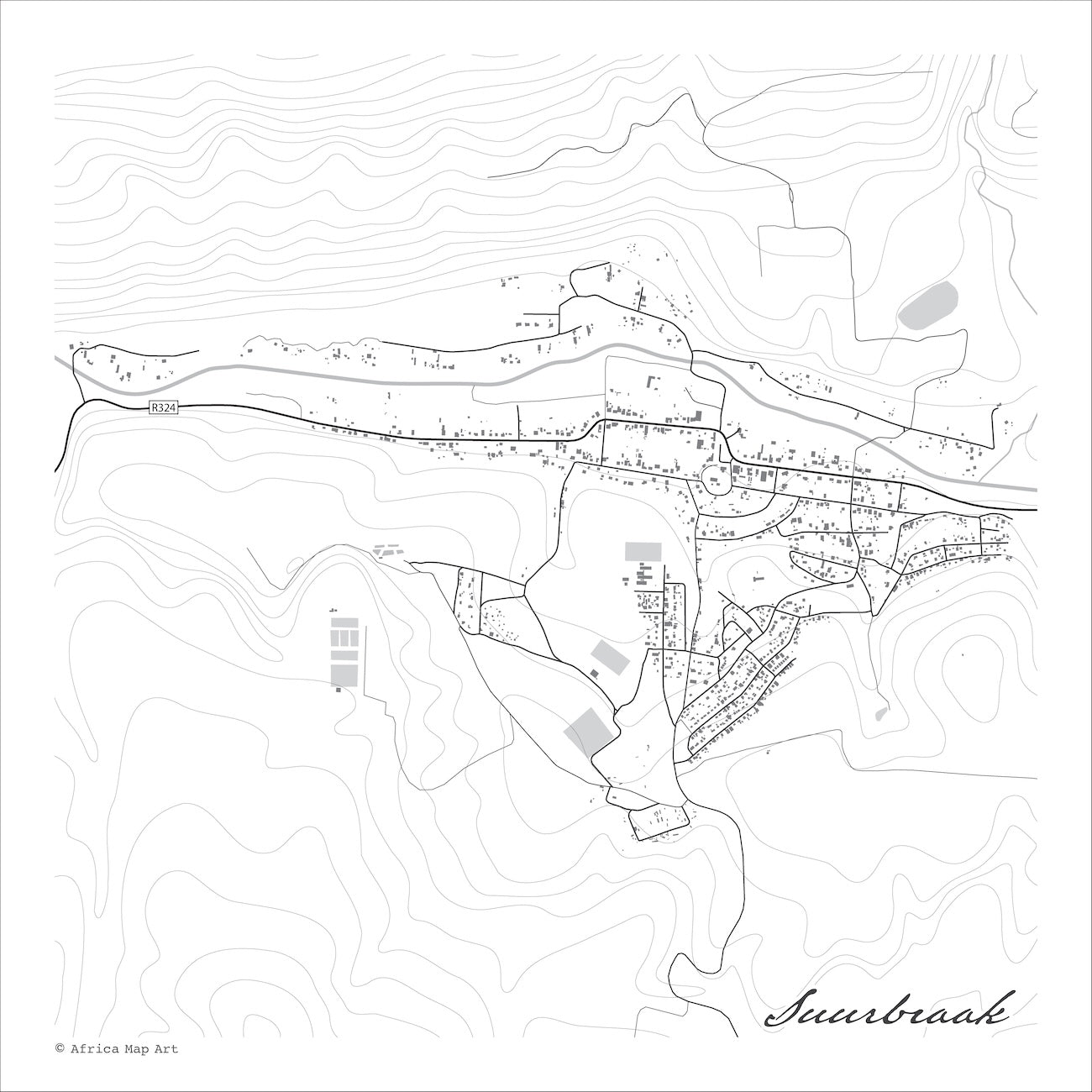 Suurbraak map print in the minimalist Mono style, with grey buildings, black street lines and dense contour lines on a white background