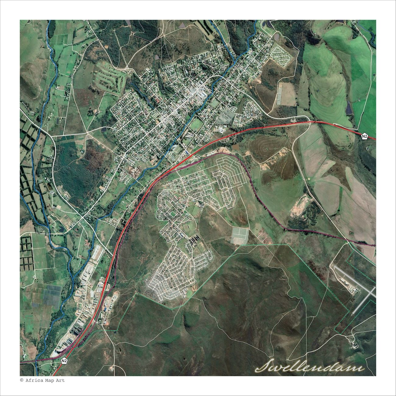 Swellendam Aerial map print showing satellite imagery of the town, surrounding farmland , with white roads over green and brown fields.