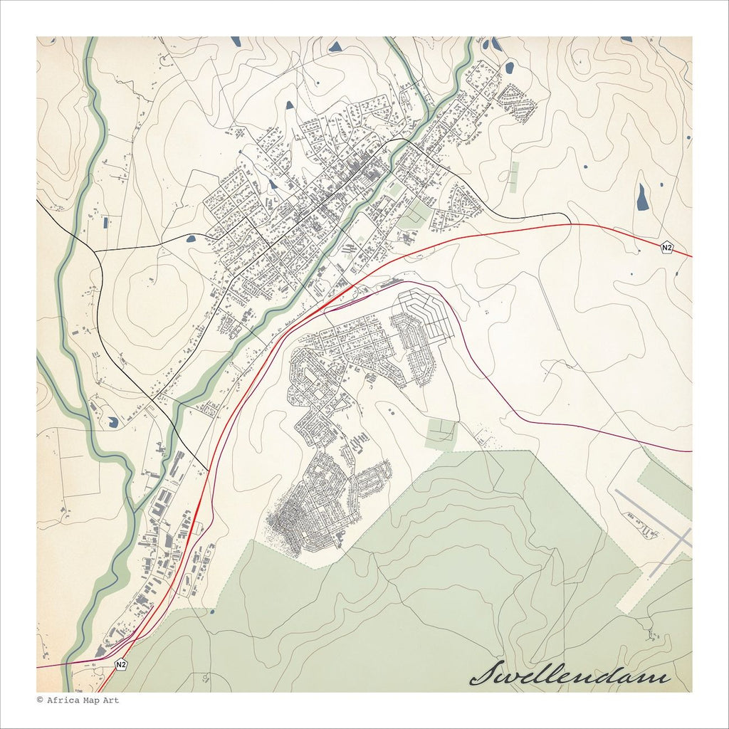 Swellendam map print in the Classic style, with fine black street lines, grey buildings and mountain slopes on a pale green and cream background.