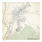 Swellendam map print in the Classic style, with fine black street lines, grey buildings and mountain slopes on a pale green and cream background.