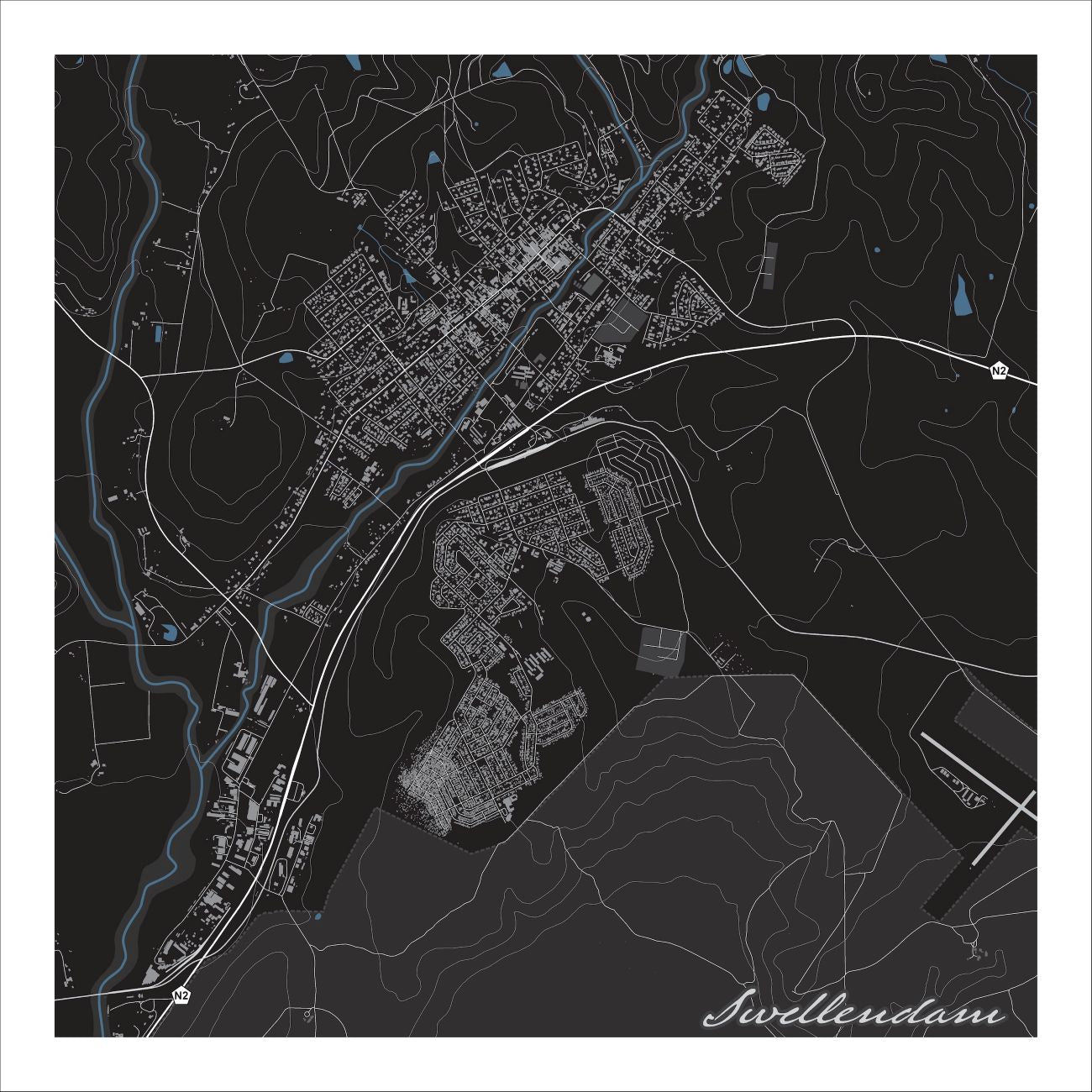 Swellendam map print in the Granite style, with fine white streets, grey buildings & mountain slope contour lines on a black background 