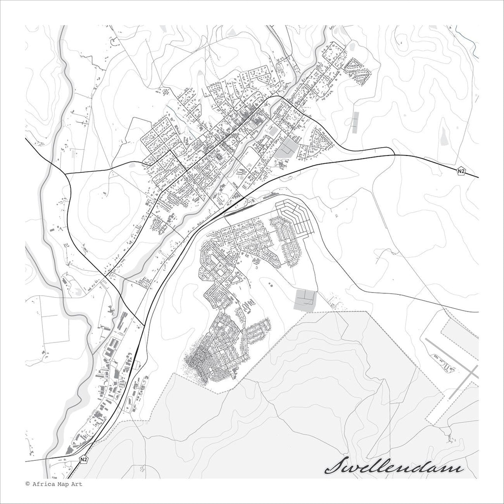 Swellendam map print in the Mono style, a black and white design with dark street lines, grey waterways and buildings, and fine contour lines on a white background.