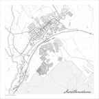 Swellendam map print in the Mono style, a black and white design with dark street lines, grey waterways and buildings, and fine contour lines on a white background.