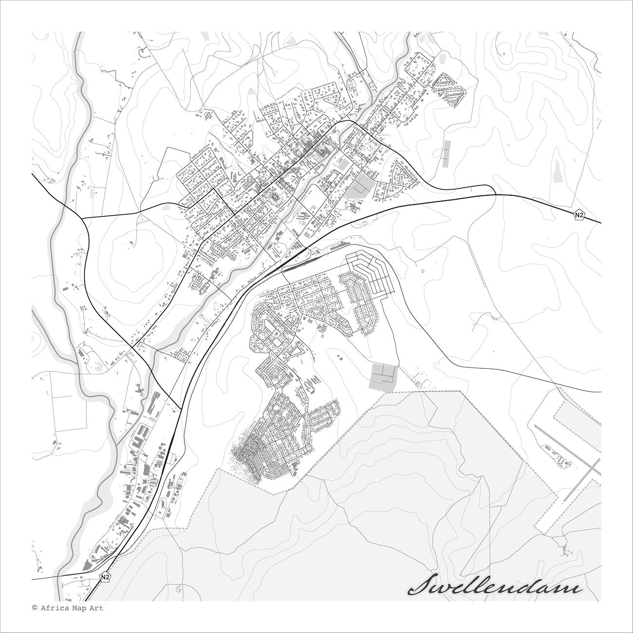 Swellendam map print in the Mono style, a black and white design with dark street lines, grey waterways and buildings, and fine contour lines on a white background.