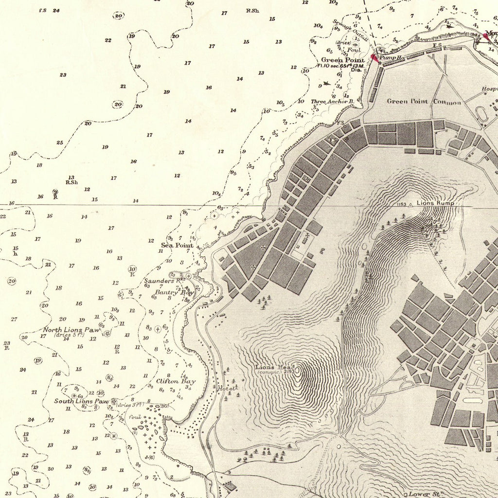 Close-up detail of the 1966 Admiralty chart of Table Bay reproduction print, showing Green Point and Sea Point around Signal Hill, with the harbour breakwater