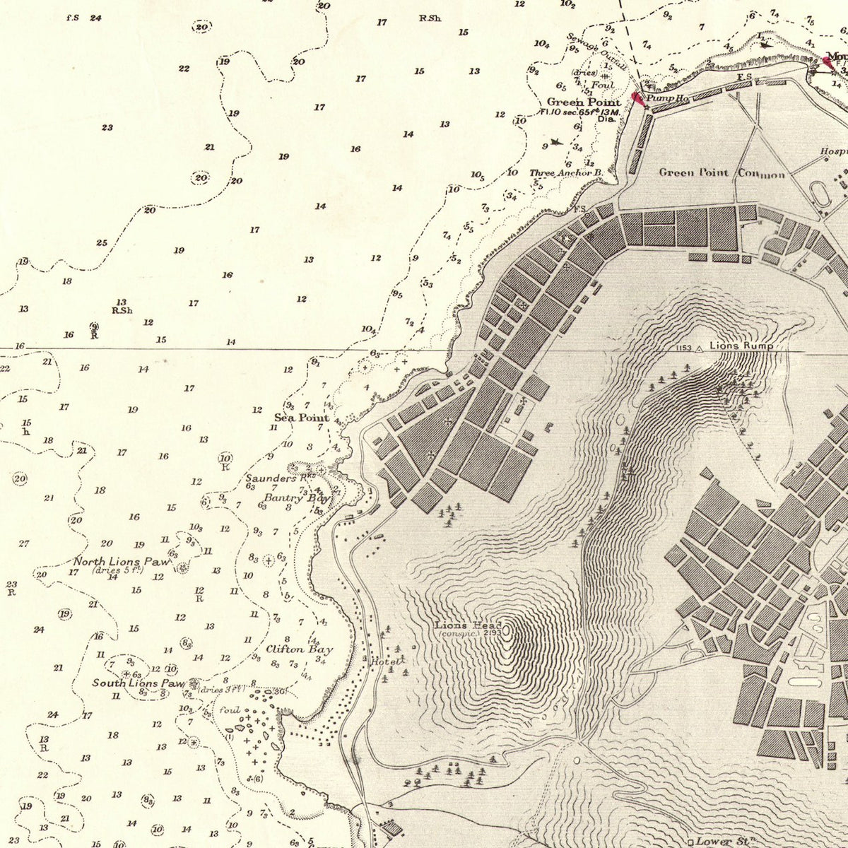 Close-up detail of the 1966 Admiralty chart of Table Bay reproduction print, showing Green Point and Sea Point around Signal Hill, with the harbour breakwater