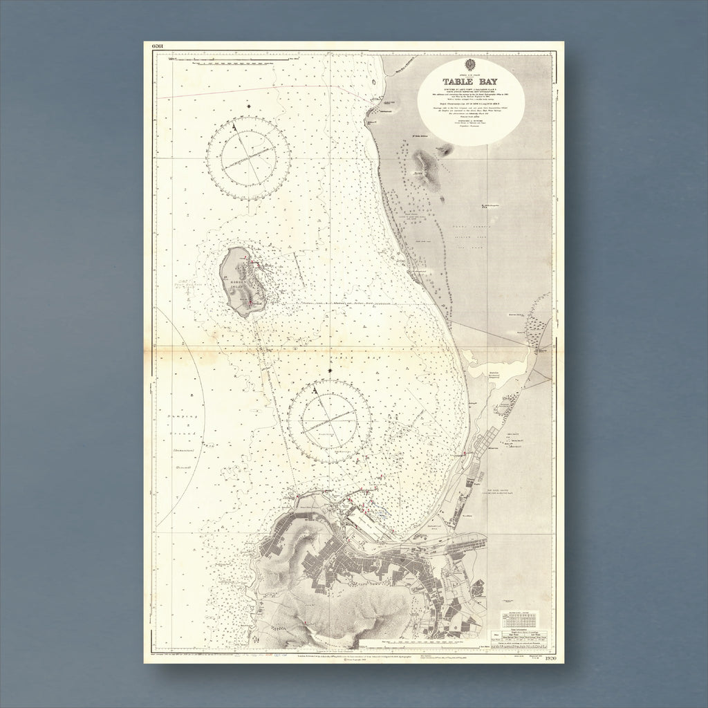 1966 Admiralty chart of Table Bay, reproduction print showing Robben Island, the bay and Cape Town below Table Mountain, with depth soundings and two compass roses