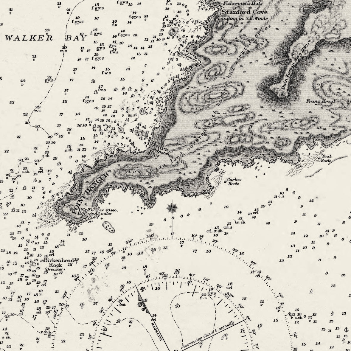 Close-up detail of the 1867 Admiralty chart of Table Bay to Cape Agulhas reproduction print, showing the engraved coastline and depth soundings