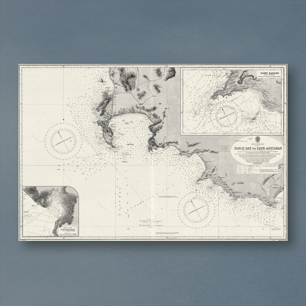 1867 Admiralty chart from Table Bay to Cape Agulhas, reproduction print showing the Cape Peninsula and False Bay, with compass roses and inset harbour plans