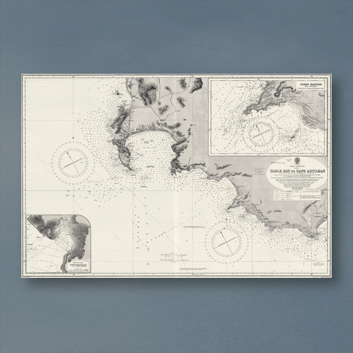 1867 Admiralty chart from Table Bay to Cape Agulhas, reproduction print showing the Cape Peninsula and False Bay, with compass roses and inset harbour plans