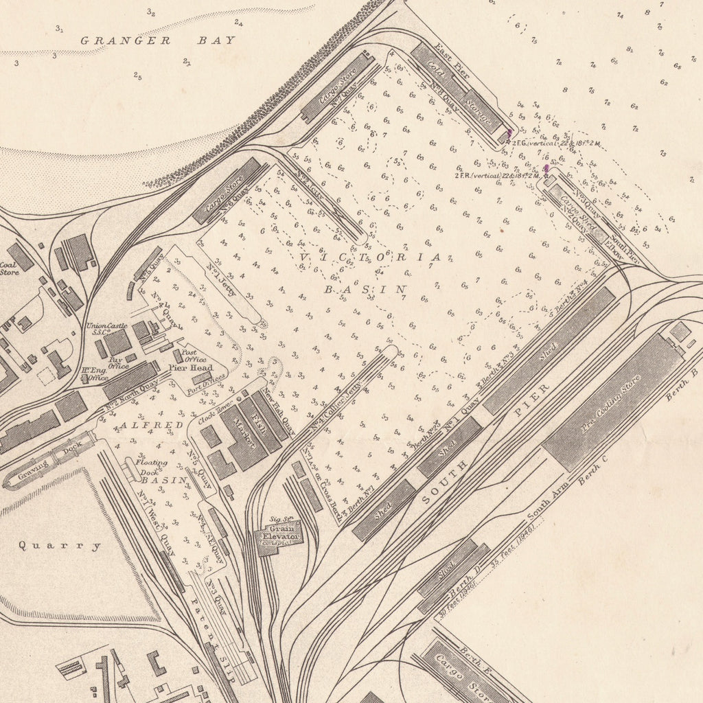 Close-up detail of the 1943 Admiralty chart of the Table Bay Docks reproduction print, showing a dock basin with its quays, railway lines and depth soundings