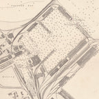 Close-up detail of the 1943 Admiralty chart of the Table Bay Docks reproduction print, showing a dock basin with its quays, railway lines and depth soundings