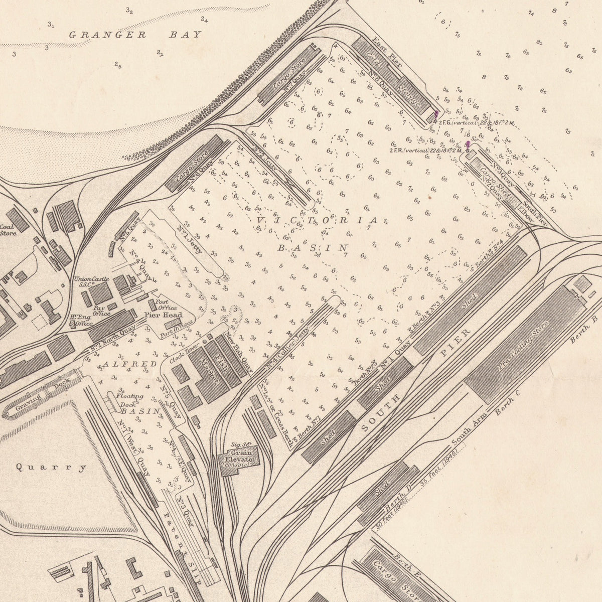 Close-up detail of the 1943 Admiralty chart of the Table Bay Docks reproduction print, showing a dock basin with its quays, railway lines and depth soundings