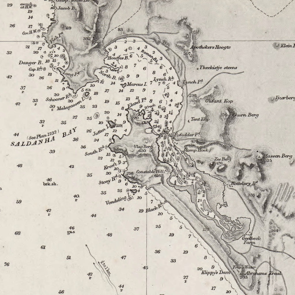 Close-up detail of the 1871 Admiralty chart of Table Bay to Donkin Bay reproduction print, showing the engraved coastline and depth soundings