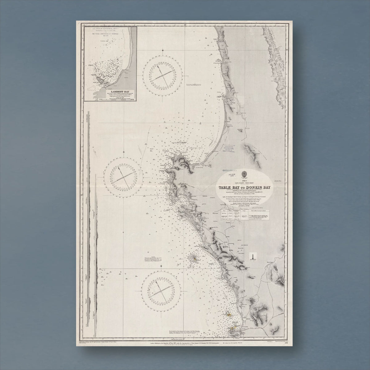 1871 Admiralty chart from Table Bay to Donkin Bay, reproduction print showing the West Coast and St Helena Bay, with three compass roses and an inset plan