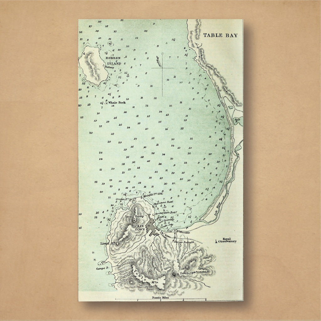 1880 map of Table Bay from McCulloch's Dictionary of Commerce, with Robben Island, a pale green sea and Table Mountain above Cape Town