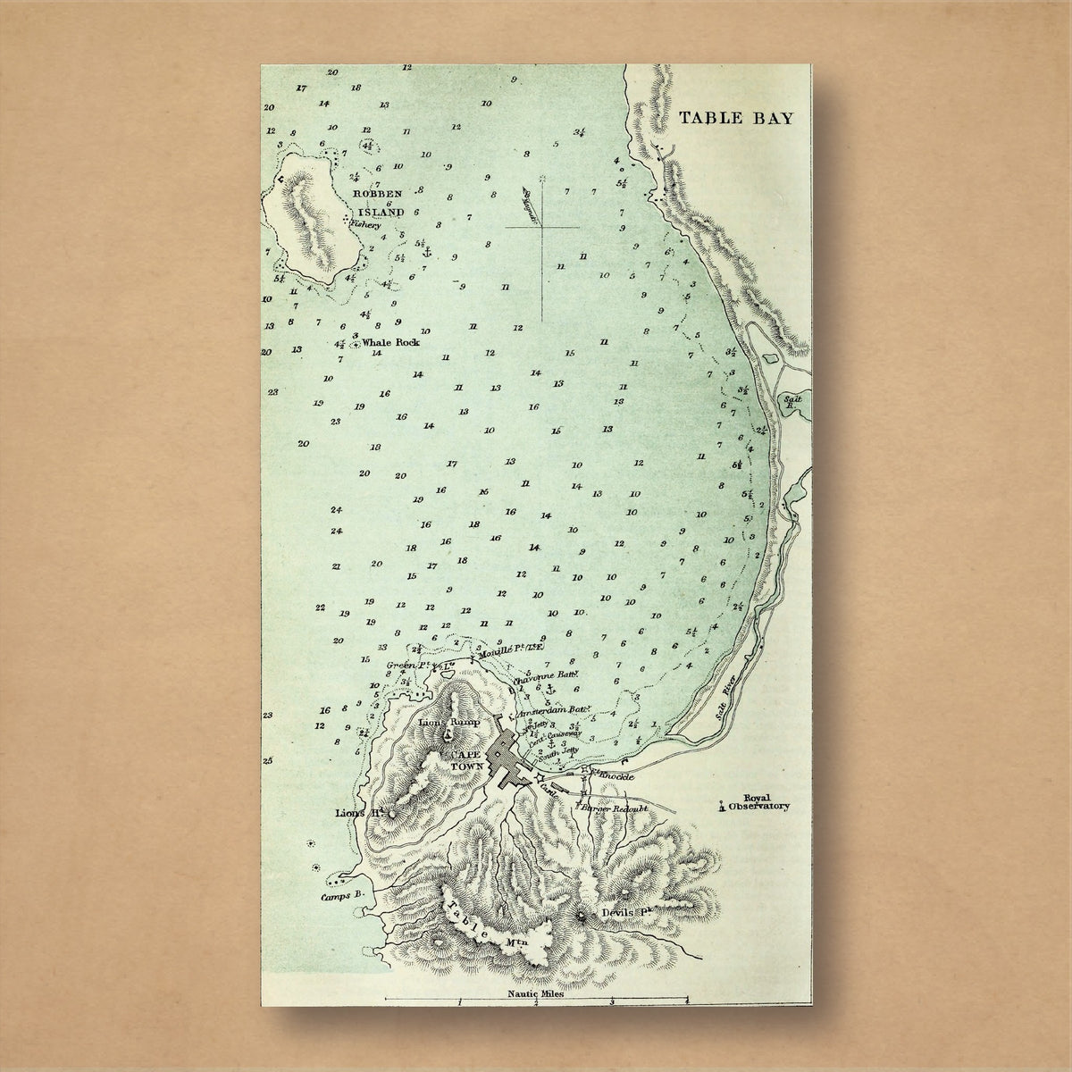 1880 map of Table Bay from McCulloch's Dictionary of Commerce, with Robben Island, a pale green sea and Table Mountain above Cape Town