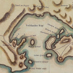 Detail of Barrow's 1804 map showing Saldanha Bay and its islands, with hachured hills and blue-green shoreline