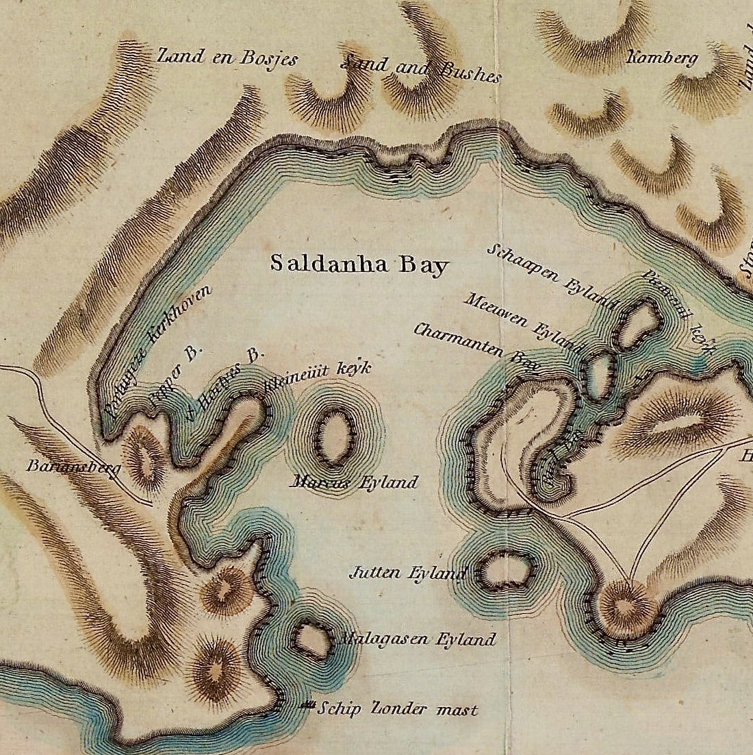 Detail of Barrow's 1804 map showing Saldanha Bay and its islands, with hachured hills and blue-green shoreline